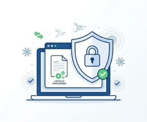 Illustration of a laptop showing a document being processed locally, behind a shield and padlock with a green tick, labelled “locally processed” — FreeToolBank tools handle your files in your own browser and never upload them.
