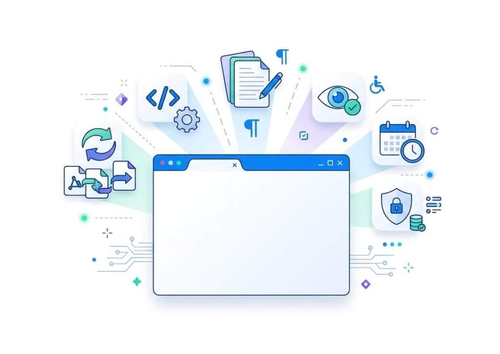 Illustration of a browser window surrounded by icons for code formatting, document and text tools, accessibility checking, date and time conversion, file conversion and data privacy — the tool categories on FreeToolBank, all running inside the browser.