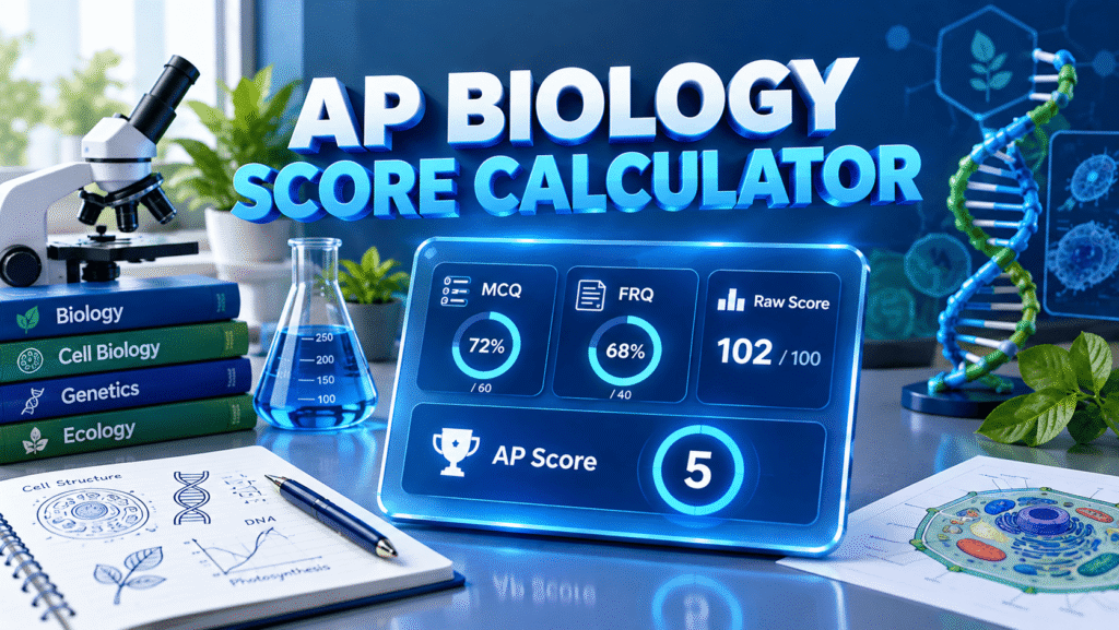 AP Biology Score Calculator showing MCQ, FRQ, raw score, and AP score with DNA, microscope, and biology lab elements