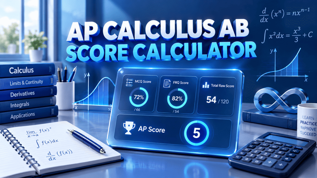 AP Calculus AB Score Calculator showing MCQ, FRQ, total raw score, and AP score with calculus graphs and formulas