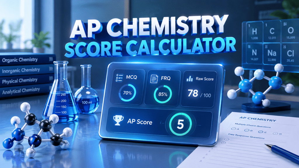 AP Chem Score Calculator showing multiple-choice, free-response, raw score, and AP score results with chemistry lab elements