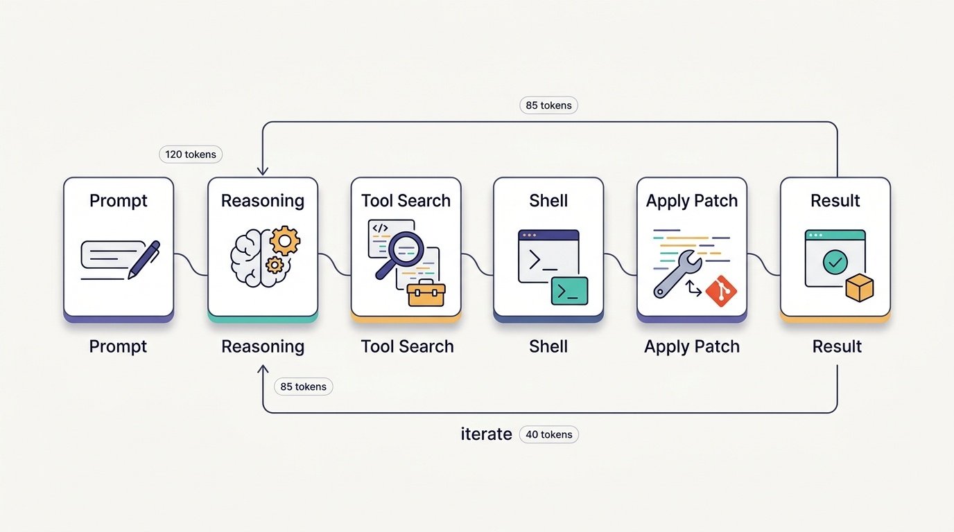 GPT-6 Astra agent coding workflow showing the loop from prompt through reasoning, tool search, hosted shell and apply patch to the final result
