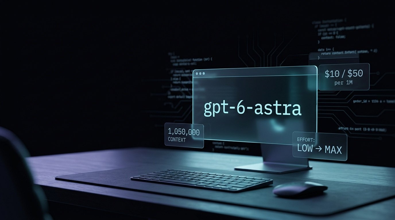 GPT-6 Astra developer overview showing the gpt-6-astra model identifier, 1.05 million token context window and API pricing per million tokens