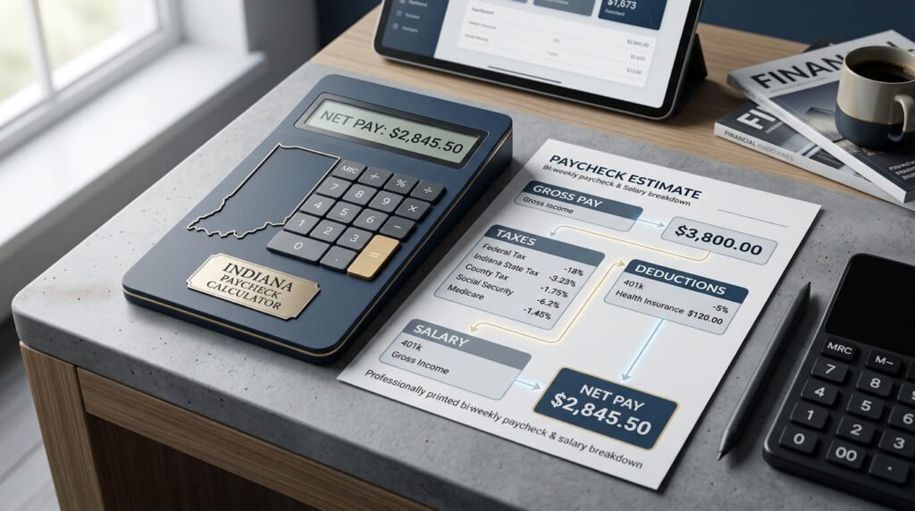 Indiana Paycheck Calculator for estimating salary, taxes, deductions and take-home pay