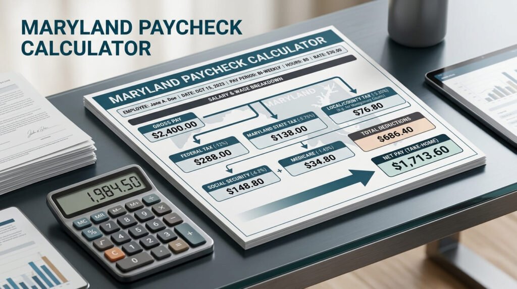 Maryland Paycheck Calculator for estimating salary, taxes, deductions and take-home pay