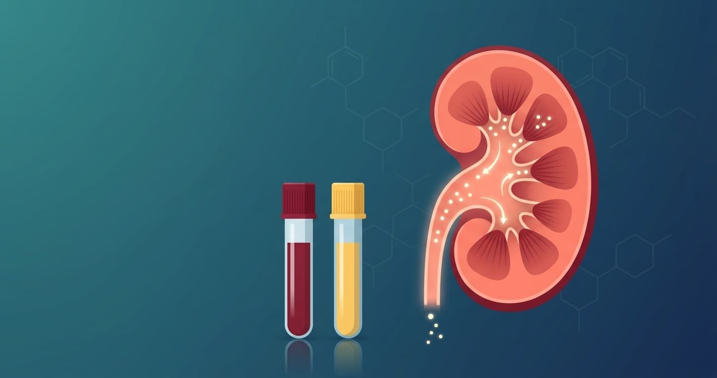 Illustration of a kidney in cross-section beside blood and urine sample tubes, representing the fractional excretion of sodium test