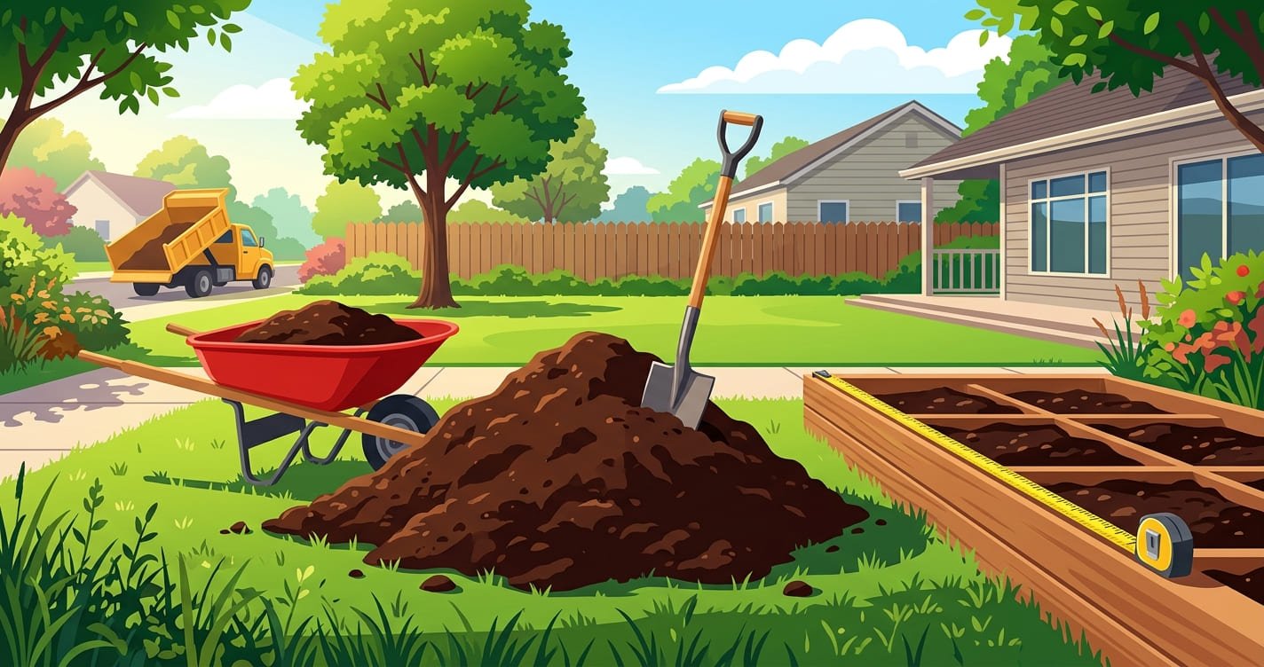 Wheelbarrow and a pile of fill dirt beside a raised garden bed with a tape measure, showing how much dirt a yard project needs