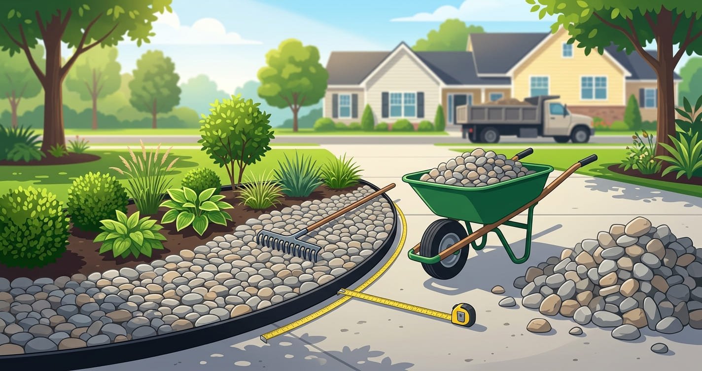 Wheelbarrow of river rock beside a garden bed being covered with landscape rock, showing how much rock a yard project needs