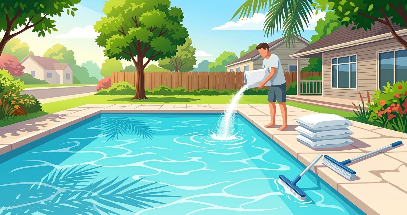 Person pouring a bag of pool salt into a clear blue backyard swimming pool, showing how much salt to add to pool water