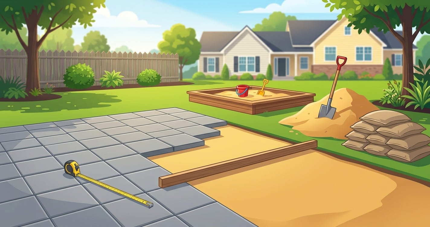 Paver patio being laid on a level bed of sand beside a wooden sandbox and bags of sand, showing how much sand a project needs