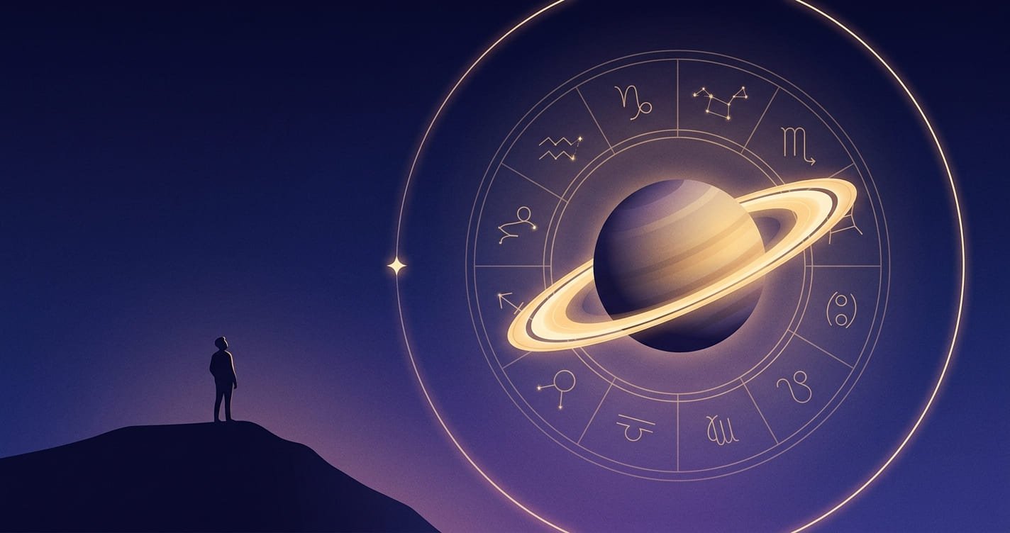 Saturn and its rings glowing above a zodiac wheel as a person watches from a hilltop, illustrating a Saturn return